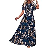 Simplee Womens Summer Floral Summer Maxi Dresses Boho Flowy Flutter Short Sleeve Crew Neck Vacation Smocked Chiffon Dress
