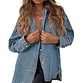 Women's Oversized Denim Shirt Button Down Pearls Jean Jacket Long Sleeve Rhinestone Shacket Casual Trendy Blouse Tops