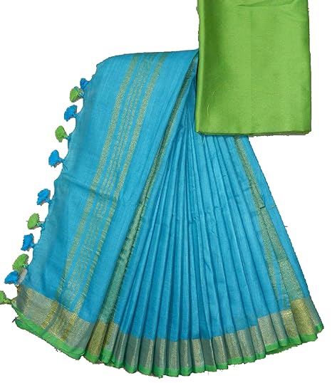 Women's Jivika Linen Slub Saree Border with Blouse (Sky Blue Parrot Green)