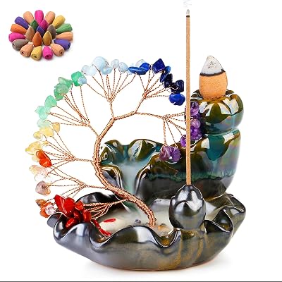 XIANNVXI 7 Chakra Crystal Tree Backflow Incense Burner with 30 Cones