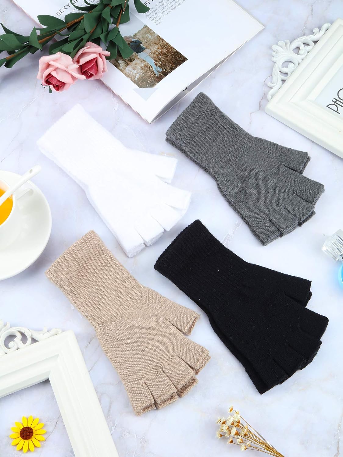 Unisex Half Finger Gloves Winter Stretchy Knit Fingerless Typing Gloves (Black, White, Dark Grey, Light Tan, 4) at  Women’s Clothing store
