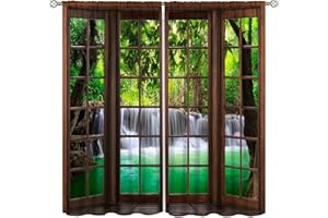 SENRUEGT Natural Landscape Window Curtains, 3D Spring Forest Waterfall Nature Scenery Print Bedroom Living Room Kitchen Window Treatments Drapes 42x45 Inch