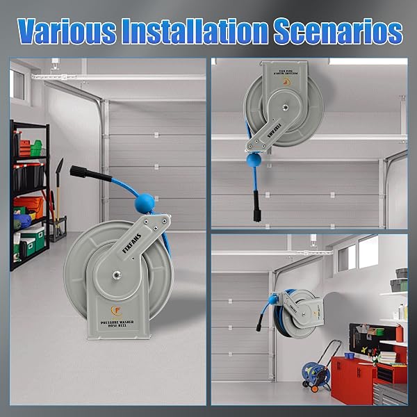 FIXFANS PRESSURE WASHER HOSE REEL WITH HOSE, 1/4″ × 60FT RETRACTABLE POWER WASHER HOSE REEL, HEAVY DUTY HOSE REEL AUTO REWIND, WALL MOUNTED, 3600 PSI