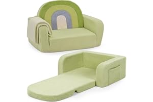 Foryoomi Kids Couch, 2-in-1 Soft Toddler Couch Fold Out with Blanket, Comfy Toddler Chair, Convertible Sofa, Gifts for Kids Girl Boys, Medium Green Rainbow