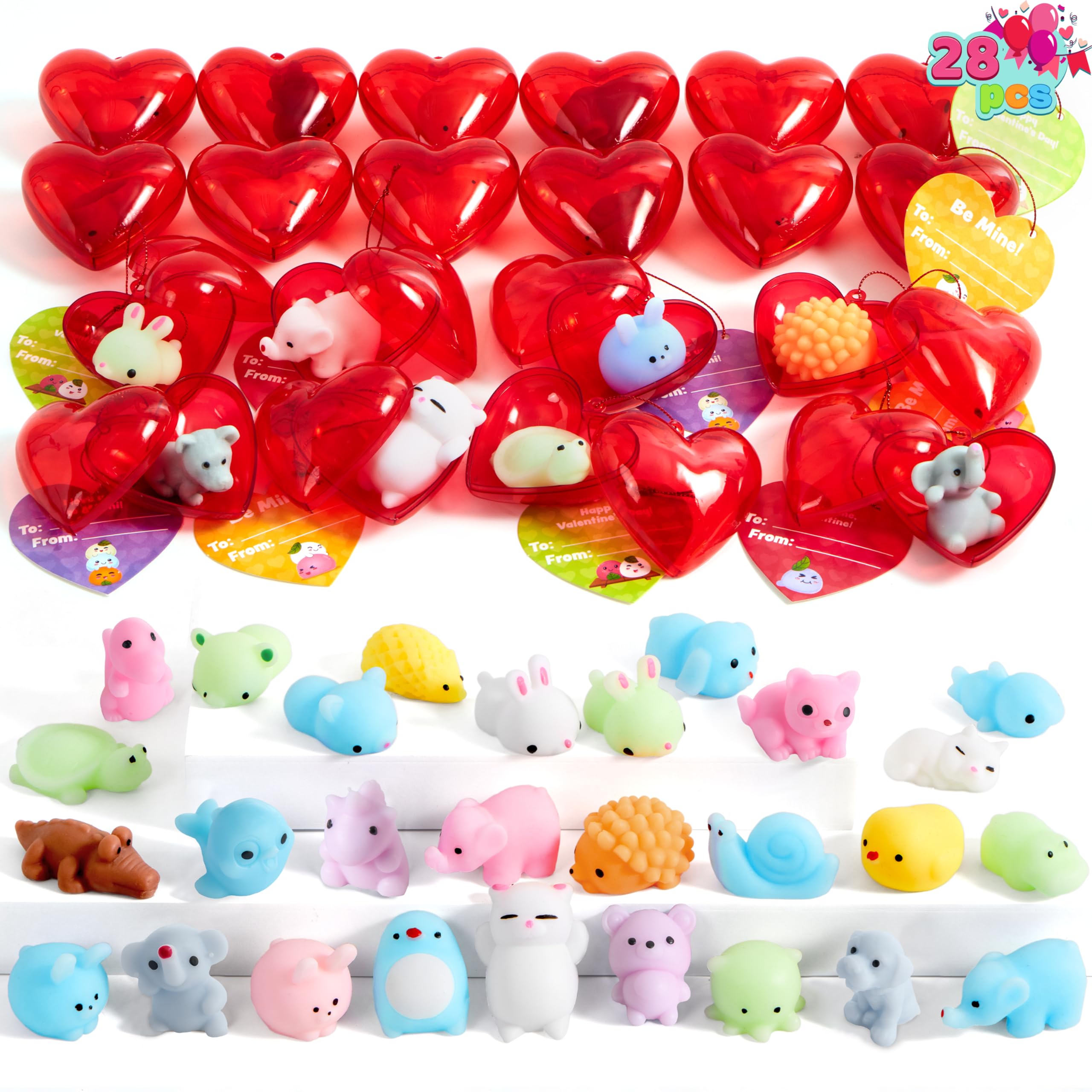 Photo 1 of JOYIN 28 PCS Valentine’s Day Mochi Squishy Toys Filled Hearts and Gift Cards for Kids Valentine Classroom Exchange Party Favors, Kawaii Stress Relief Toys for School Game Prizes and Carnivals Gift