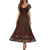 Women's Summer Casual Short Sleeve V Neck Smocked Elastic Waist Tiered Boho Floral Flowy Maxi Dress