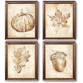 ETVISO Vintage Fall Wall Prints Decor, Rustic Pumpkin Maple Leaf Pictures Set of 4, Rustic Autumn Fall Wall Art Poster Decorations for Bathroom Room Home Living Bedroom Decor,8x10(Unframed)