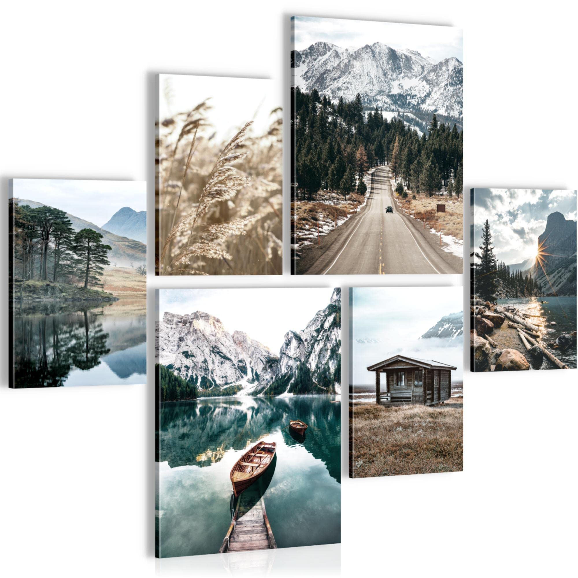 Set of Wall Pictures Mountains Lake Landscape - STYLISH, NO FRAME REQUIRED - Modern Collage Nature - Living Room Bedroom - N007363a