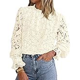 KIRUNDO Blouses for Women Dressy Casual Lace Long Sleeve Tops Mock Neck Ruffle Hem Shirts Fall Fashion Clothes