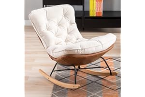 LZAREAL Rocking Boho Glider Chair for Nursery Comfy Accent Chairs for Living Room/Bedroom, Side Rocker Chair with Back Tufted Design Upholstered Fabric Padded Seat with Solid Wood Base, Linen-Cream