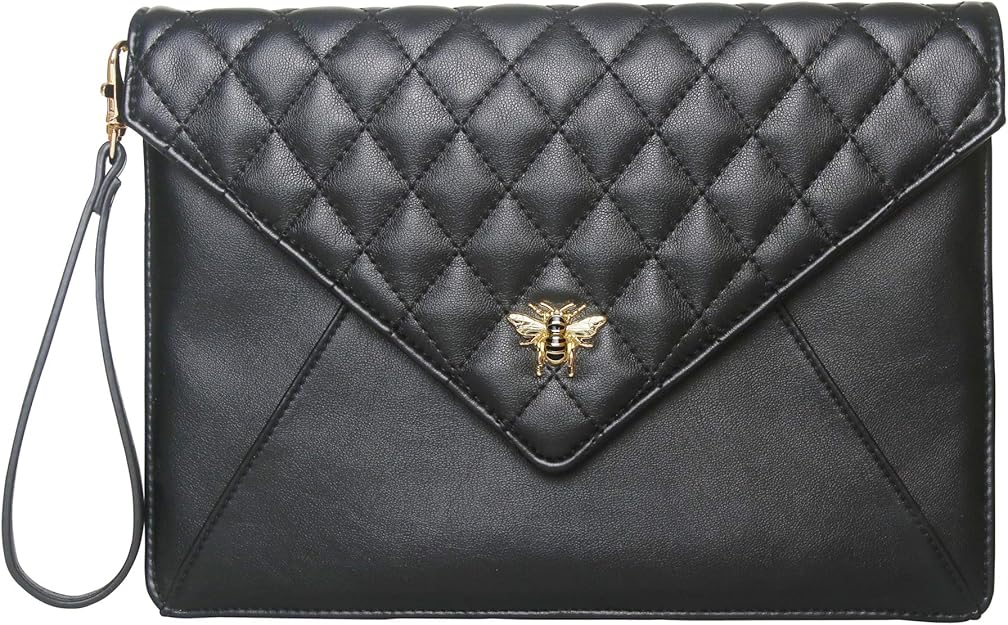 Classic Quilted Envelope Large Slim Clutch Bag by Alice Wheeler (Black