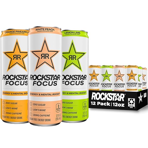 ROCKSTAR FOCUS, 3 FLAVOR VARIETY PACK (WHITE PEACH, LEMON LIME, ORANGE PINEAPPLE), 12 FL OZ CANS (PACK OF 12)