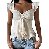 RoseSeek Women's Layered Ruffle T Shirts Sweetheart Neck Cap Sleeve Elegant Crop Tops