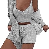 A ADILACA Womens Hooded Cardigan Outwear Sleeveless Crop Tops Shorts Nightwear Set