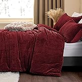ChiXpace Flannel Fleece Queen Comforter Set - Furry Burgundy Leaves Pattern Faux Fur Bed Set, Winter Ultra Soft Fuzzy Comfort Set, Velvet Bedding Set for Bed with 2 Pillow Cases