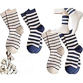 CHUNFO Womens Striped Ankle Socks Cute Letter Embroidered Athlete Navy White Crew Cotton Casual Sock Size5-10.5