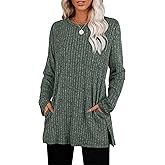 SAMPEEL Womens Sweaters Crewneck Long Sleeve Shirts with Pockets Fall Outfits 2025 Fashion Winter Clothing Side Slit