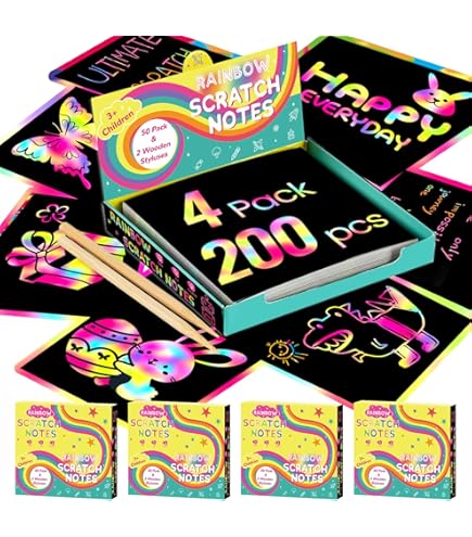 200 PCS Rainbow Scratch Art Paper Kit For Kids - Includes 8 Stencils & Bamboo Styluses, 3.4" Mini Notes For Crafts & Party Favors