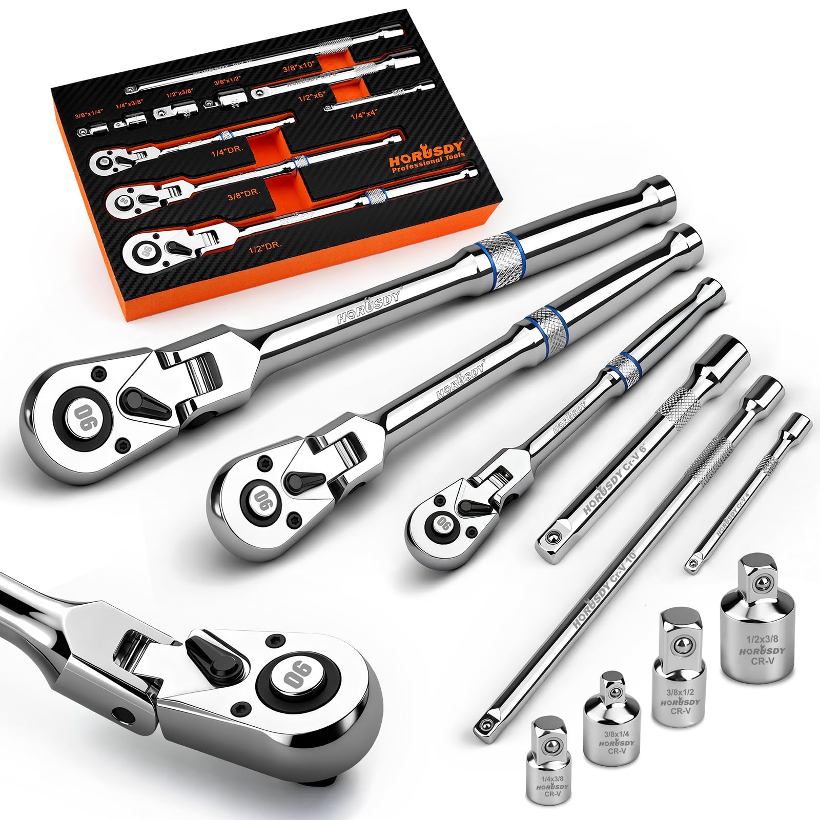 Photo 1 of 10-Piece Flex-Head Ratchet Set, 1/4", 3/8" & 1/2" Drive Socket Wrenches, 90-Tooth Quick-Release Reversible Low-Profile, Extension Bars (4", 10", 6") & 4 Adapters for Automotive, Bike, and Home Repair