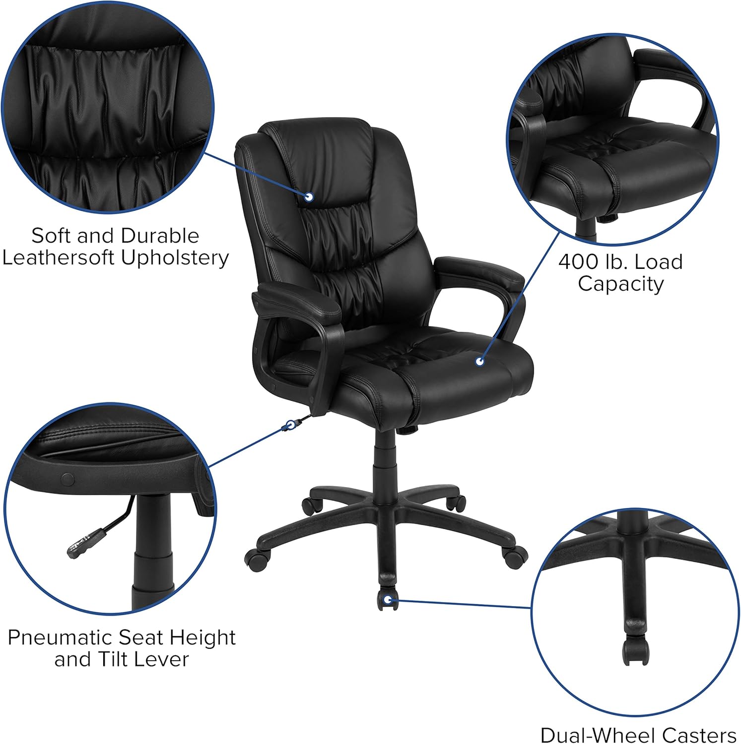 Flash Fundamentals Big & Tall 400 lb. Rated Black LeatherSoft Swivel Office Chair with Padded Arms: Furniture & Decor