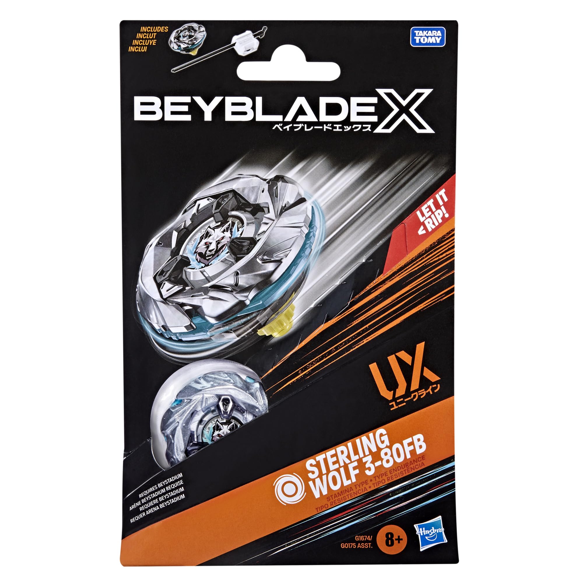 Beyblade X Sterling Wolf 3-80FB UX Starter Pack Set with Stamina Type Top and Launcher, Authentic Takara Tomy Battle Tops Games, Toys for Boys and Girls 8+