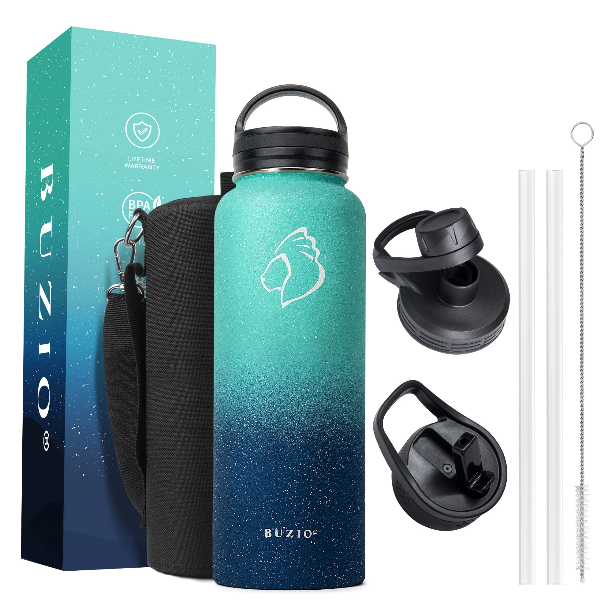 BUZIO 1180ml Wide Mouth Straw Lid Stainless Steel Reusable Water Bottle, Vacuum Insulated Water Flask with Carrying Pouch Double Vacuum Hot Cold Water Bottles, Starry Pacific