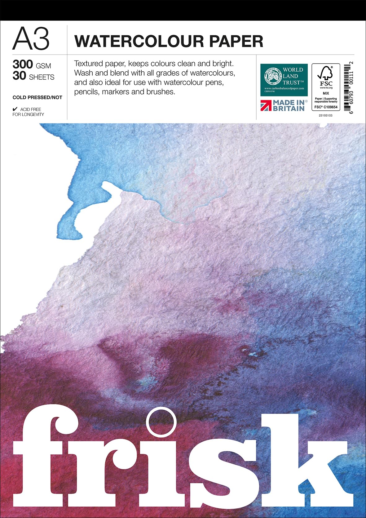 Frisk Watercolour Paper Pad 300gsm Cold Pressed/Not 30sheets A3