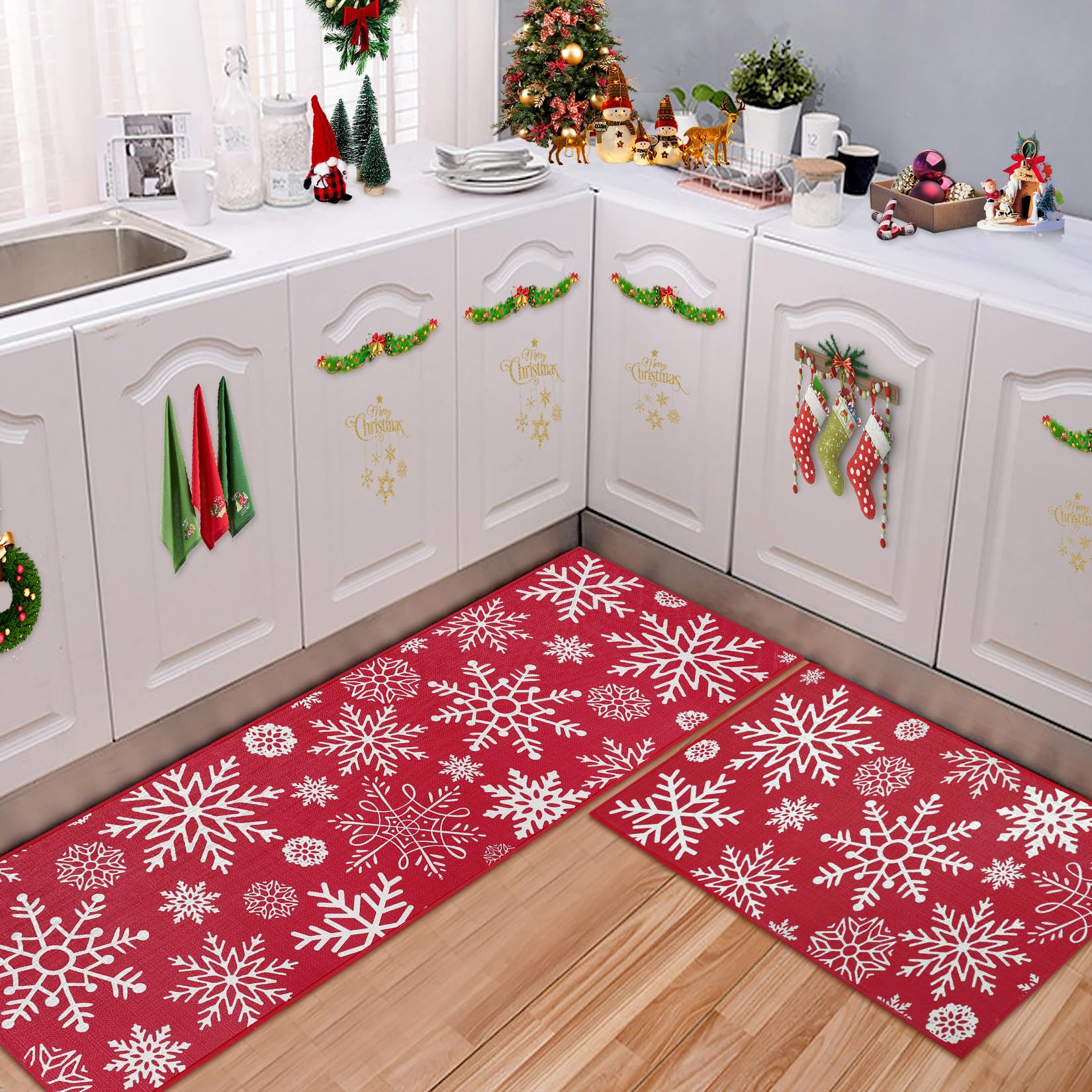 CAROMIO Christmas Kitchen Runners Mats 40x60 + 40x120 cm Kitchen Rugs Washable 2 Pieces Rubber Backing Non Slip Floor Mats for Kitchen Hallway Christmas Rug Carpets White Printed Snowflakes