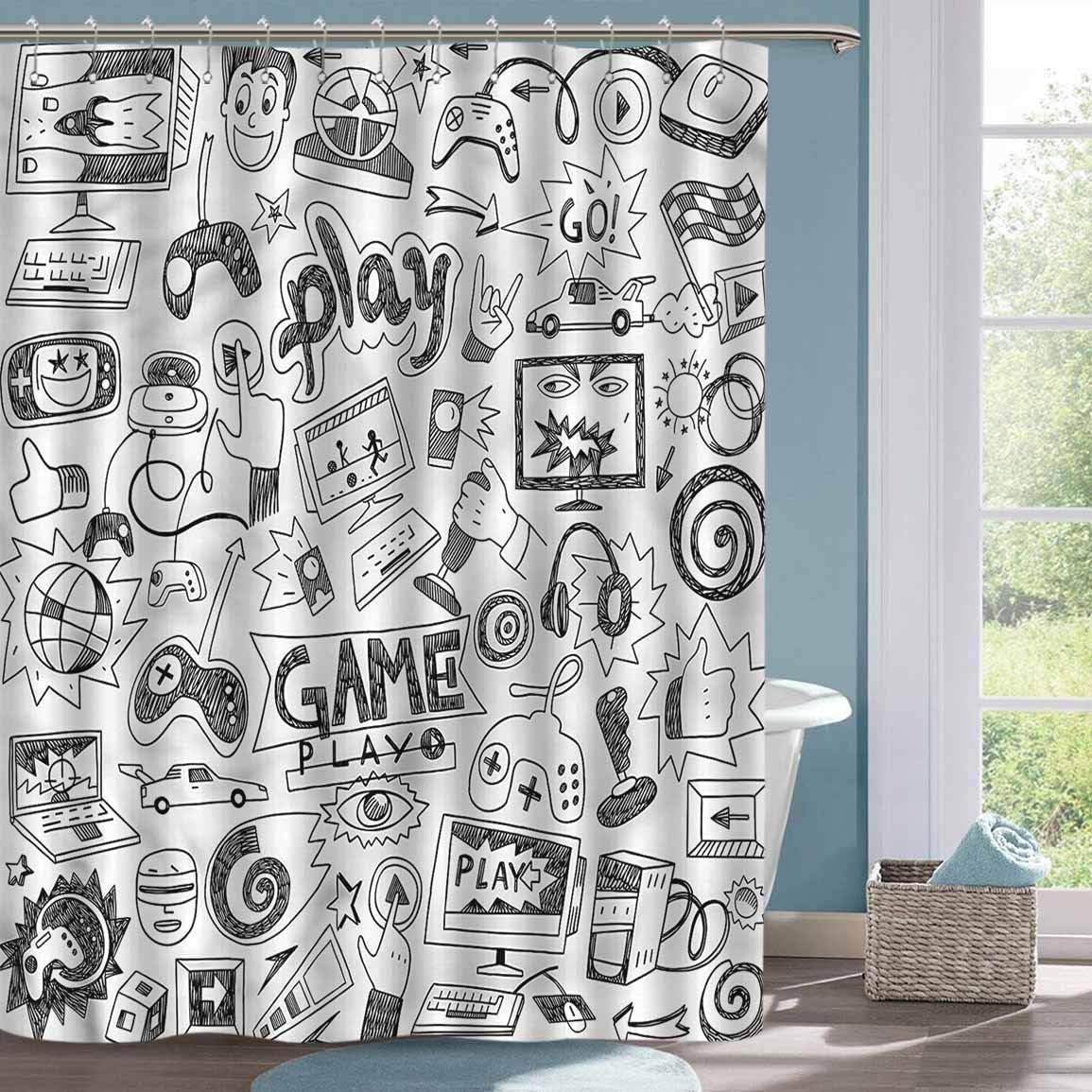 Kids Shower Curtain Video Games Black and White Bathroom