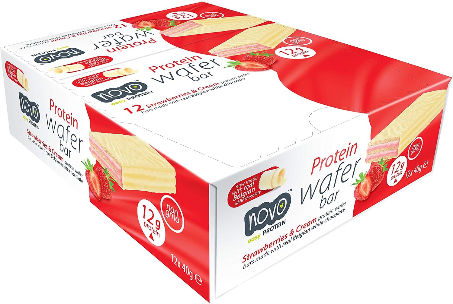 Novo Nutrition | Protein Wafer Bar | Pack of 12 x 40g | Strawberries & Cream Flavour | Healthy Crispy Wafer Snack with High Protein and Real Belgian White Chocolate | Suitable for Vegetarians - Image 4