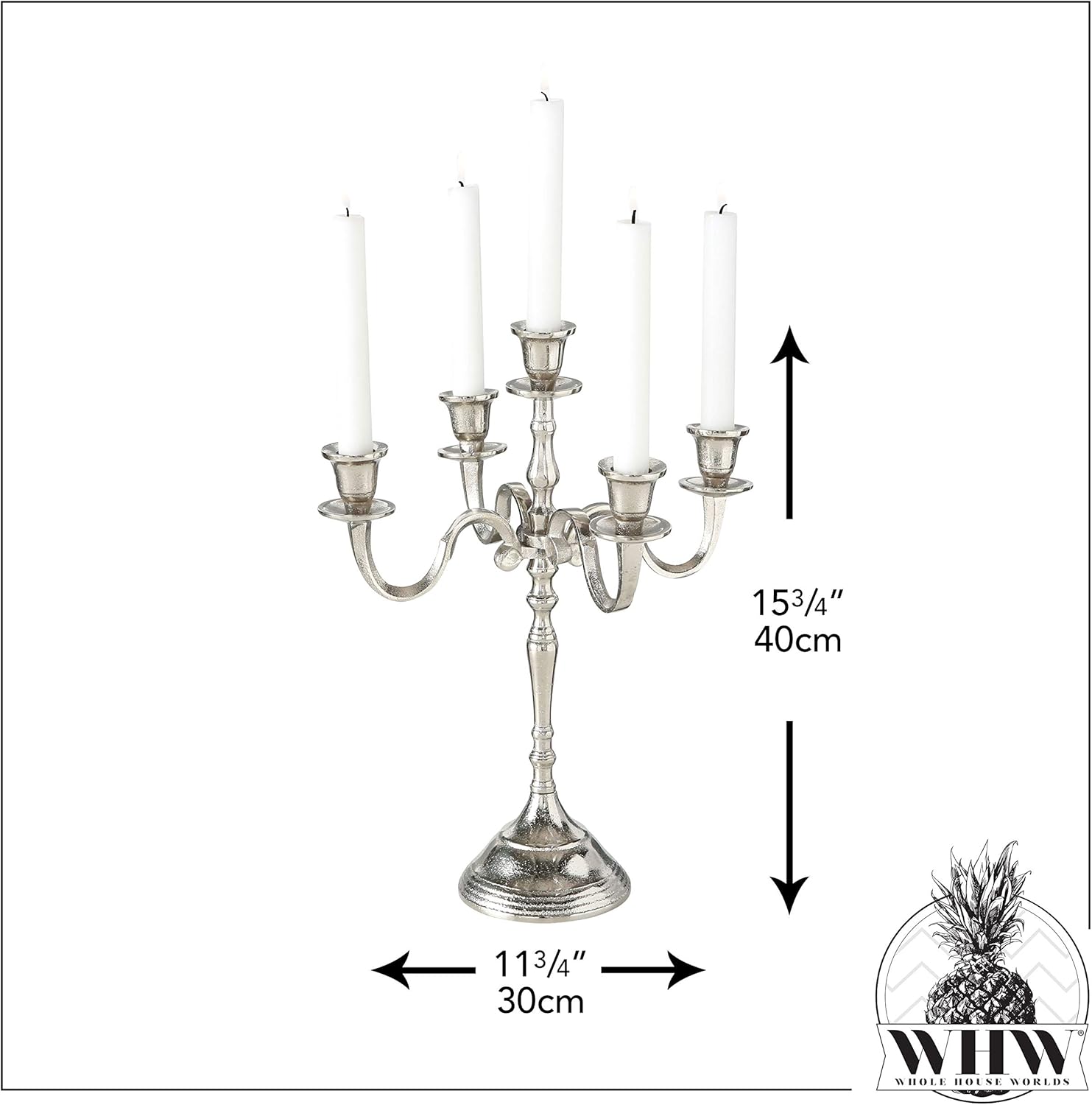 WHW Whole House Worlds Hamptons Five Candle Candelabra, Silver Finish, Centerpiece, Hand Crafted of Cast Aluminum, Atelier Craft Surface Details, Over 1 FT High, (15.75 Inches): Home & Kitchen