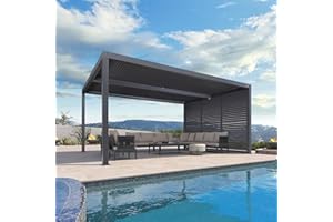 PURPLE LEAF Louvered Pergola 94AS 12' x 16' Outdoor Aluminum Pergola with Fixed Shutter Wall Adjustable Roof for Deck Backyard Grey Hardtop Gazebo, 1 Short Side