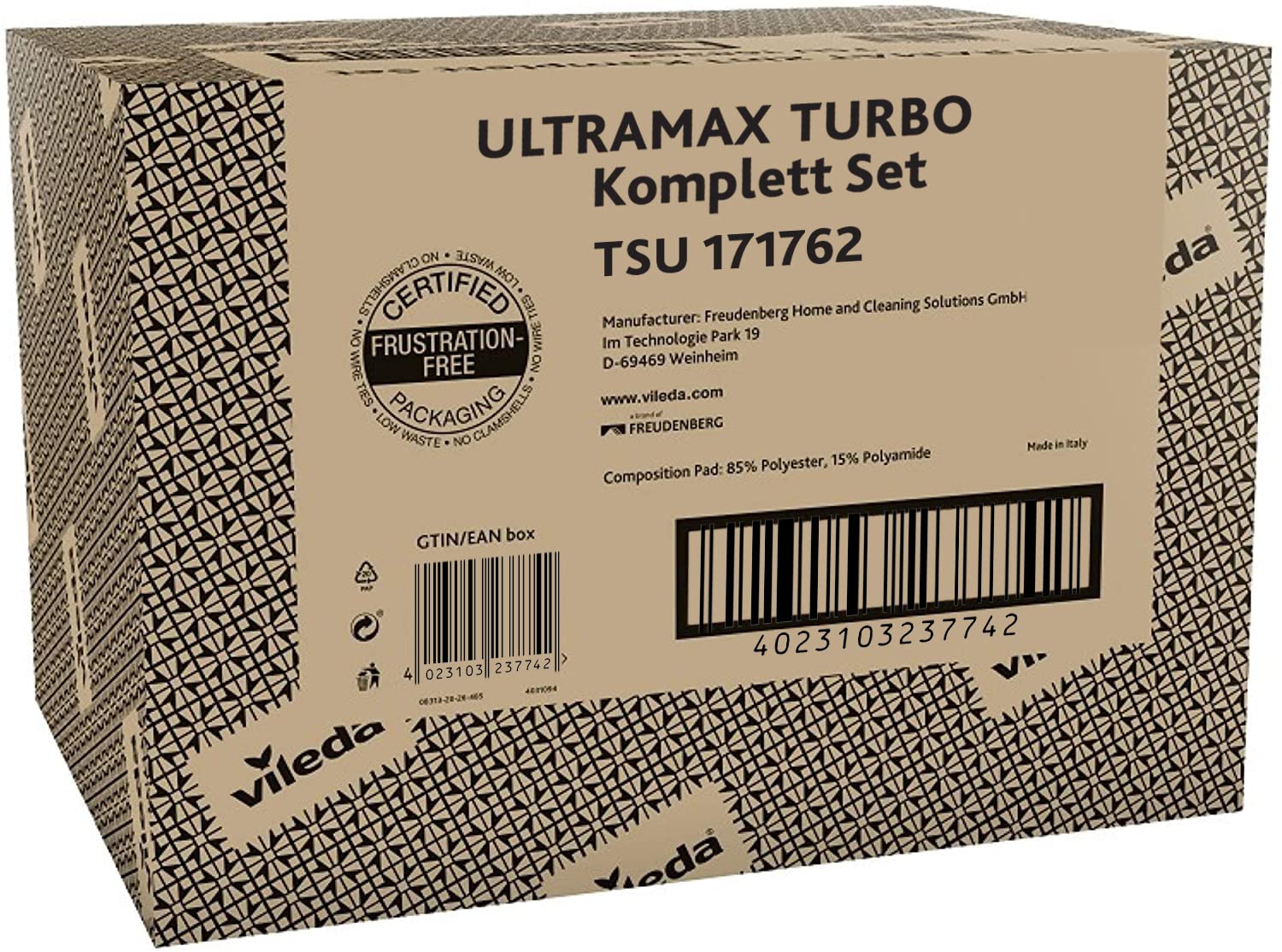 Vileda Ultramax Turbo 2in1 Bodenwischer Komplett Set | Wischmopp-System mit Teleskopstiel (75–130 cm), Mikrofaserbezug & Eimer mit Powerschleuder | Für Fliesen, Laminat & Parkett | Comfort-Pack 7