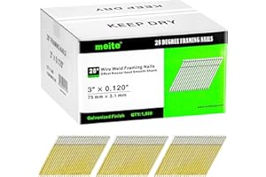 meite Framing Nails 28 Degree, 3-Inch, Wire Weld, Offset Round Head Smooth Shank Framing Nails for 28° Framing Nailer Gun (1,000 PCS) Galvanized Finish