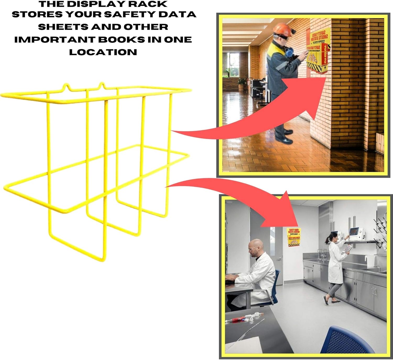 Binder Display Rack, SDS/MSDS Display Rack, Wire Wall Mount Rack, MSDS and SDS Station Sign, Mounting Hardware Included, Wire Coated with Bright Yellow PVC : Office Products