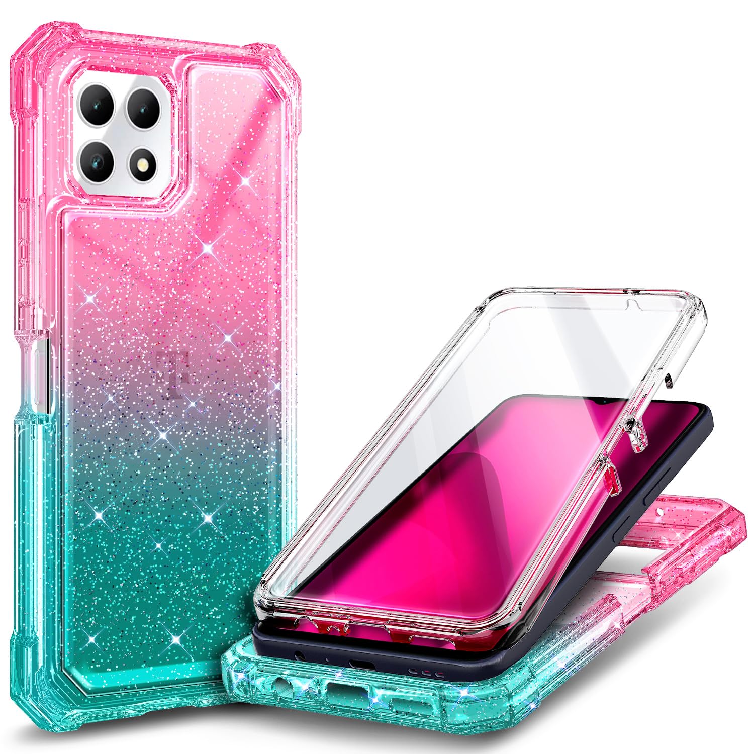 Photo 1 of ***only cover***NZND Designed for T-Mobile REVVL 7 Phone Case (REVVL 7 5G), Glitter Pink/Aqua | with Screen Protector, Full-Body Shockproof Protective Rugged Impact Resist Bumper Cover