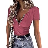 OwnTime Womens Summer Tops Short Sleeve Shirts Sexy V Neck Slim Fit Zip Up Tops Ribbed Knit Henley Shirts Blouses