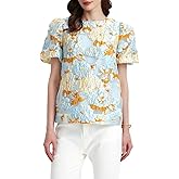 Kedera Women's Floral Jacquard Shirt Crewneck Puff Sleeve Blouse Elegant Work Shift Tops