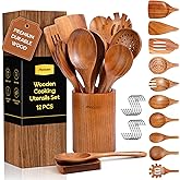 Wooden Spoons for Cooking, 12PCS Teak Wooden Kitchen Utensil Set with Spoon Rest - Smooth Finish, Non-Stick, Comfortable Grip