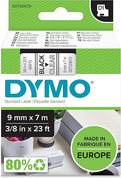 Dymo Authentic D1 Labels 9 mm x 7 m Black Print on Clear Tape Made in Europe