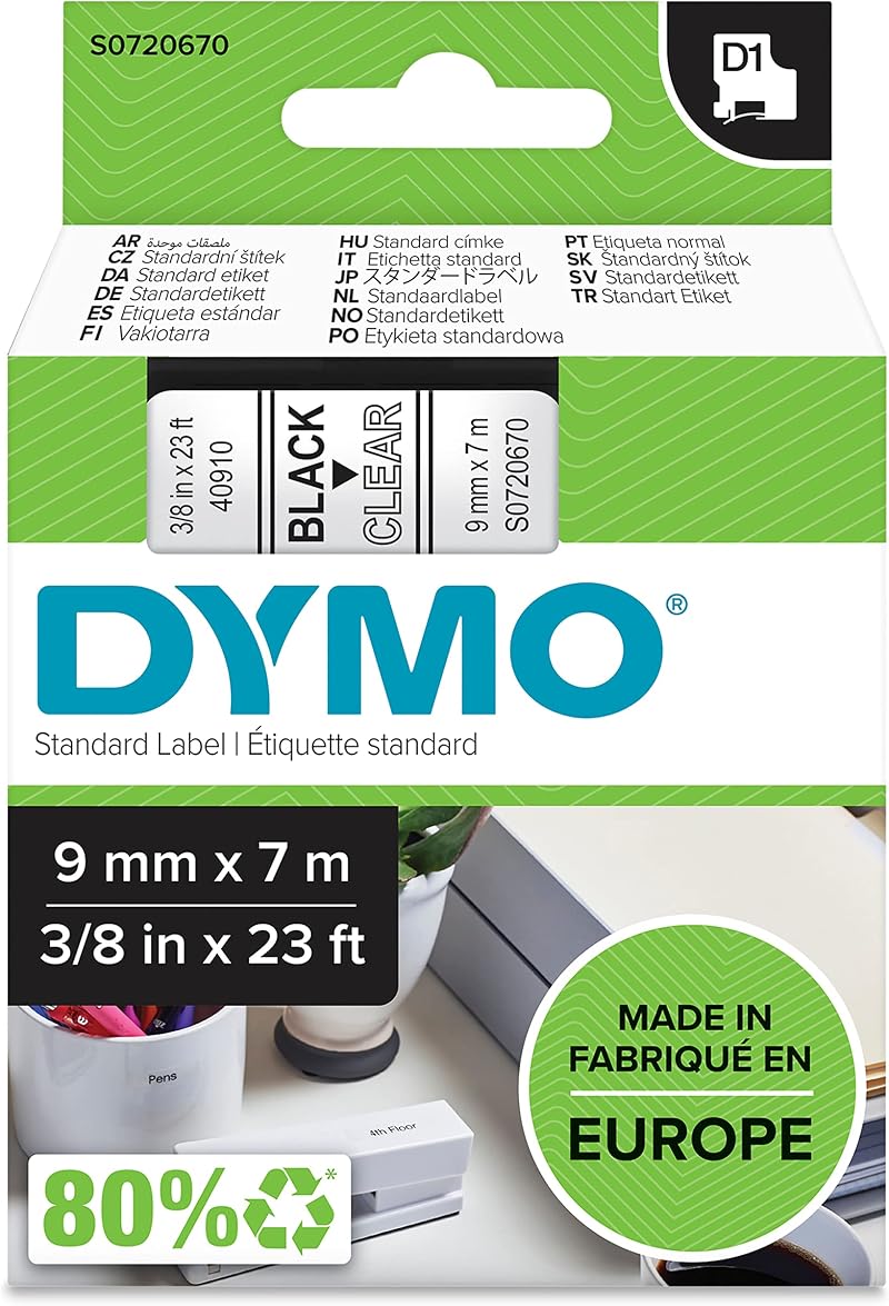 Dymo Authentic D1 Labels 9 mm x 7 m Black Print on Clear Tape Made in Europe