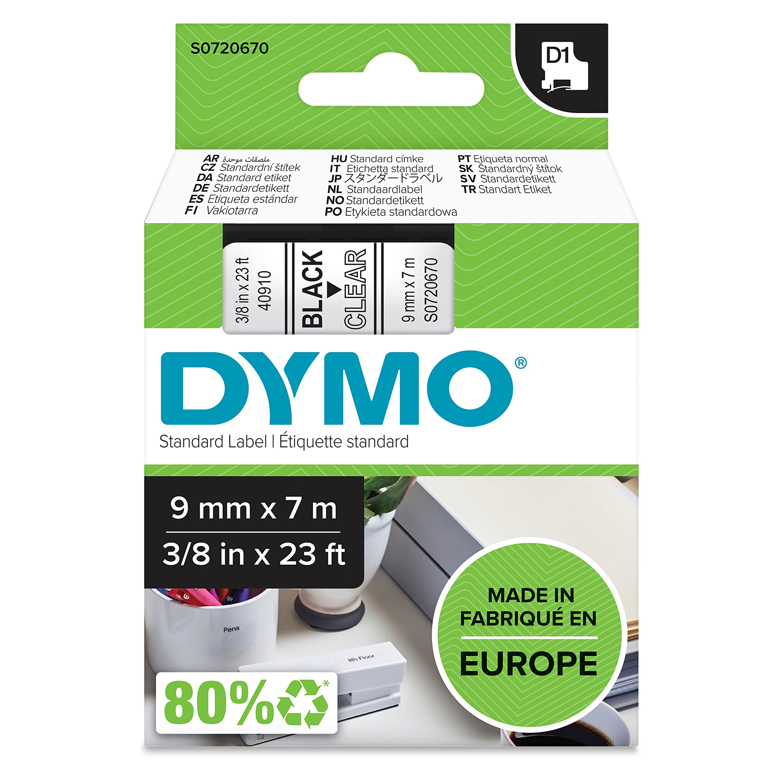 DYMO Authentic D1 Labels | Black Print on Clear Tape | 9 mm x 7 m | Self-Adhesive Labels for LabelManager Label Makers | Made in Europe