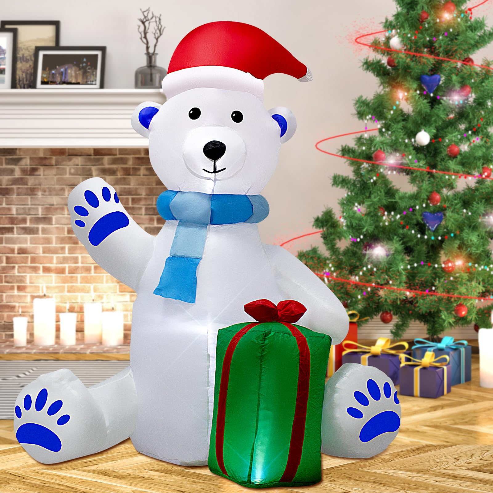 5ft Christmas Inflatable Polar Bear Decoration with Built-in LED Lights – Indoor/Outdoor Xmas Decor for Garden, Yard, Party (Weatherproof, Easy Setup)