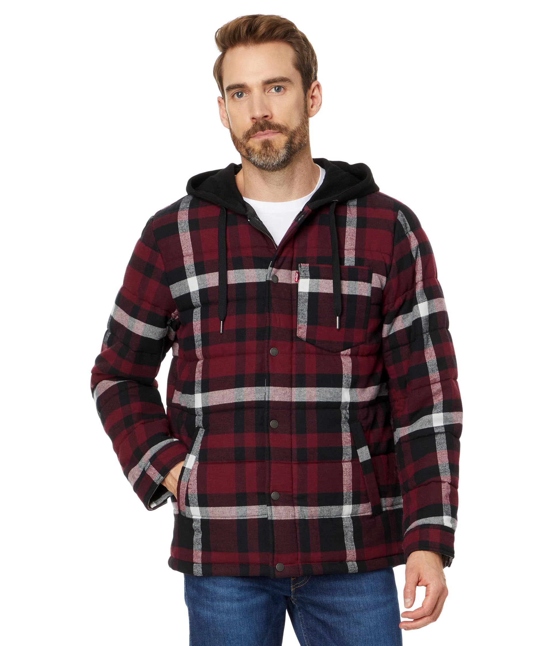 Levi's Men's Sherpa Lined Hooded Shirt Jacket, Burgundy Plaid Puffer, X-Large Image