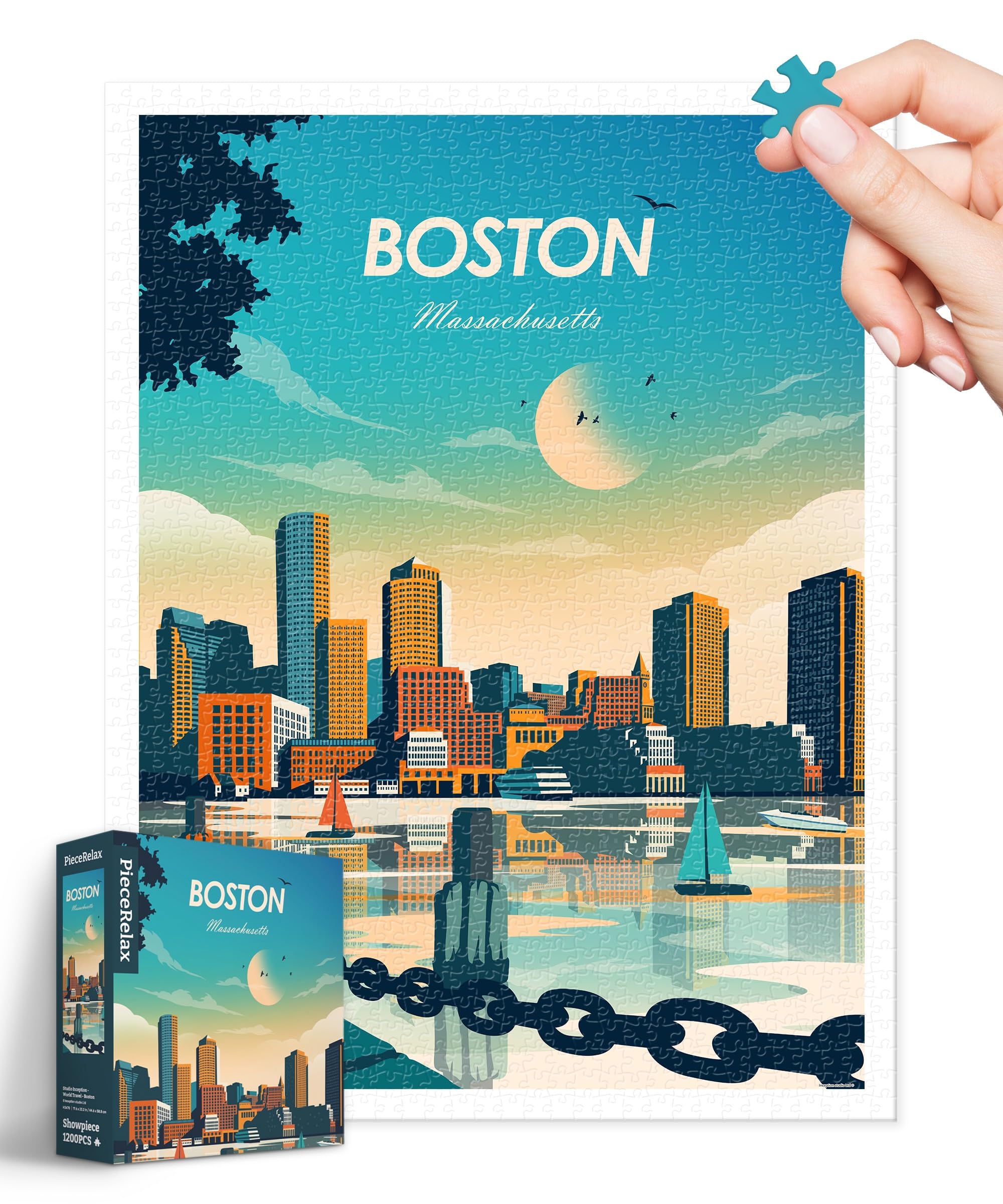 PieceRelax Plastic Jigsaw Puzzles for Adults 1200 Pieces Studio Inception - World Travel - Boston Most Satisfying Table Games and Gifts No Puzzle Mat Required [H3470]