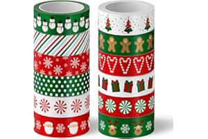 Whaline 12 Rolls Christmas Washi Tape Red Green Xmas Tree Snowman Santa Candy Cane Decorative Masking Tape for Scrapbook Journal DIY Art Craft Gift Wrapping