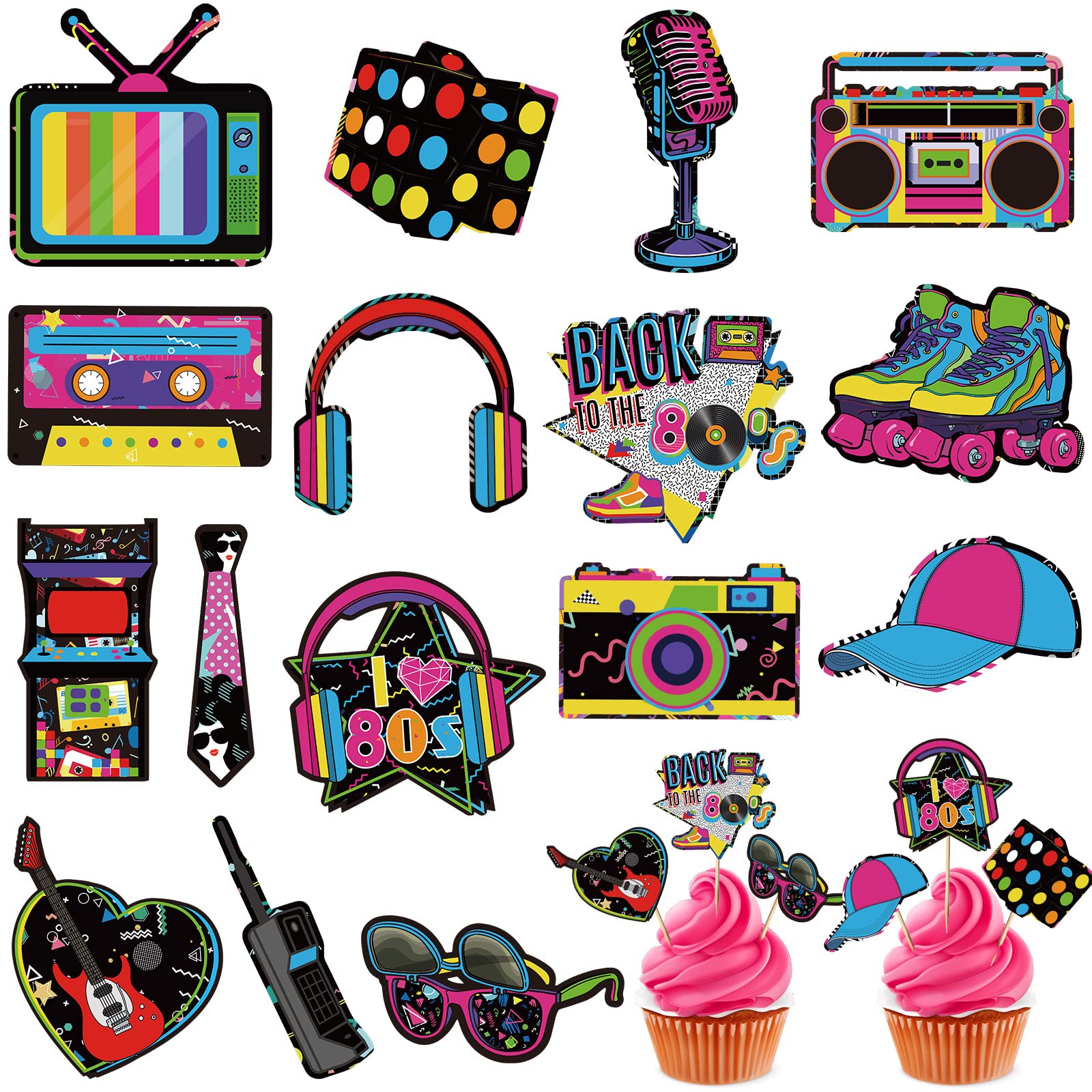 Clabby 32 Pieces 80s 90s Cupcake Topper Theme Birthday Party Decorations Hip Hop Cake Cupcake Topper for Adults Totally Party Supplies DIY Dessert Supplies Roller Skate(80s Style)