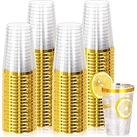 100 Pcs Gold Plastic Cups,12oz Gold Rimmed Plastic Cups,Heavy Duty Disposable Plastiic Wine Glasses Cocktail Glasses Premium 