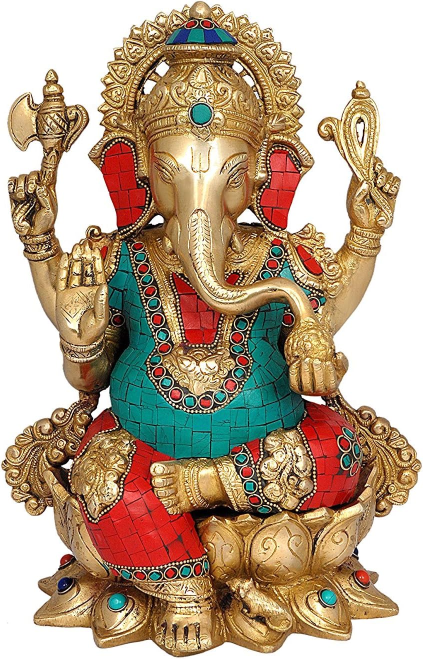 Idol Collections Brass Lotus Sitting Ganesha Statue, Height 12