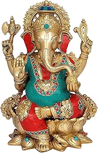 Idol Collections Brass Lotus Sitting Ganesha Statue, Height 12